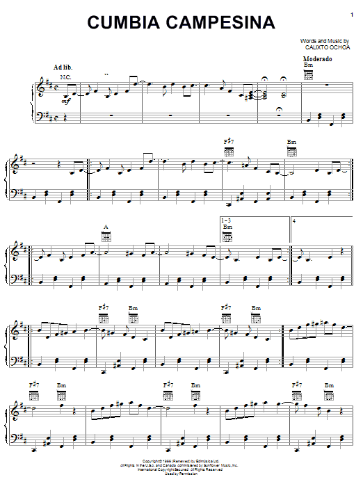 Calixto Ochoa Cumbia Campesina sheet music notes and chords arranged for Piano, Vocal & Guitar Chords (Right-Hand Melody)