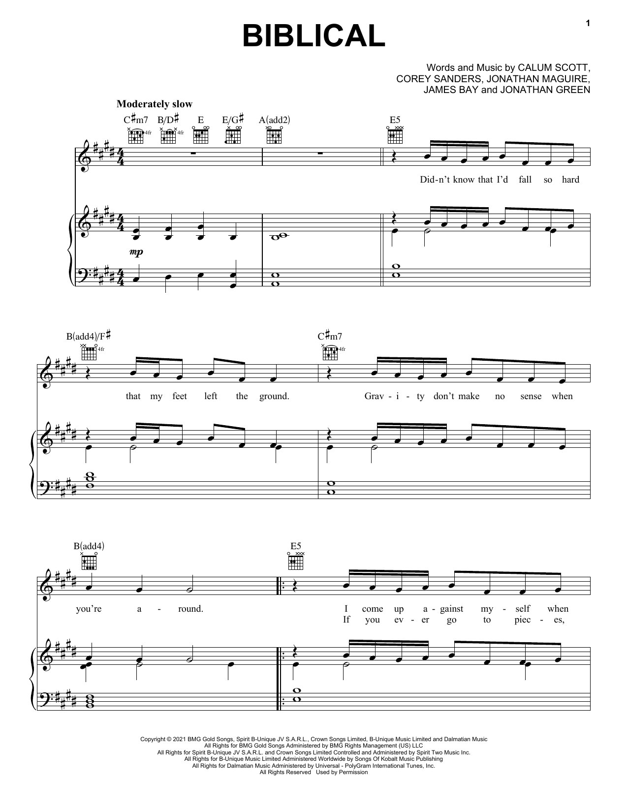 Learn to play Calum Scott Biblical sheet music for Piano, Vocal & Guitar Chords (Right-Hand Melody) in minutes. Price: 7.8900$ Calum Scott Biblical sheet music notes and chords arranged for Piano, Vocal & Guitar Chords (Right-Hand Melody)