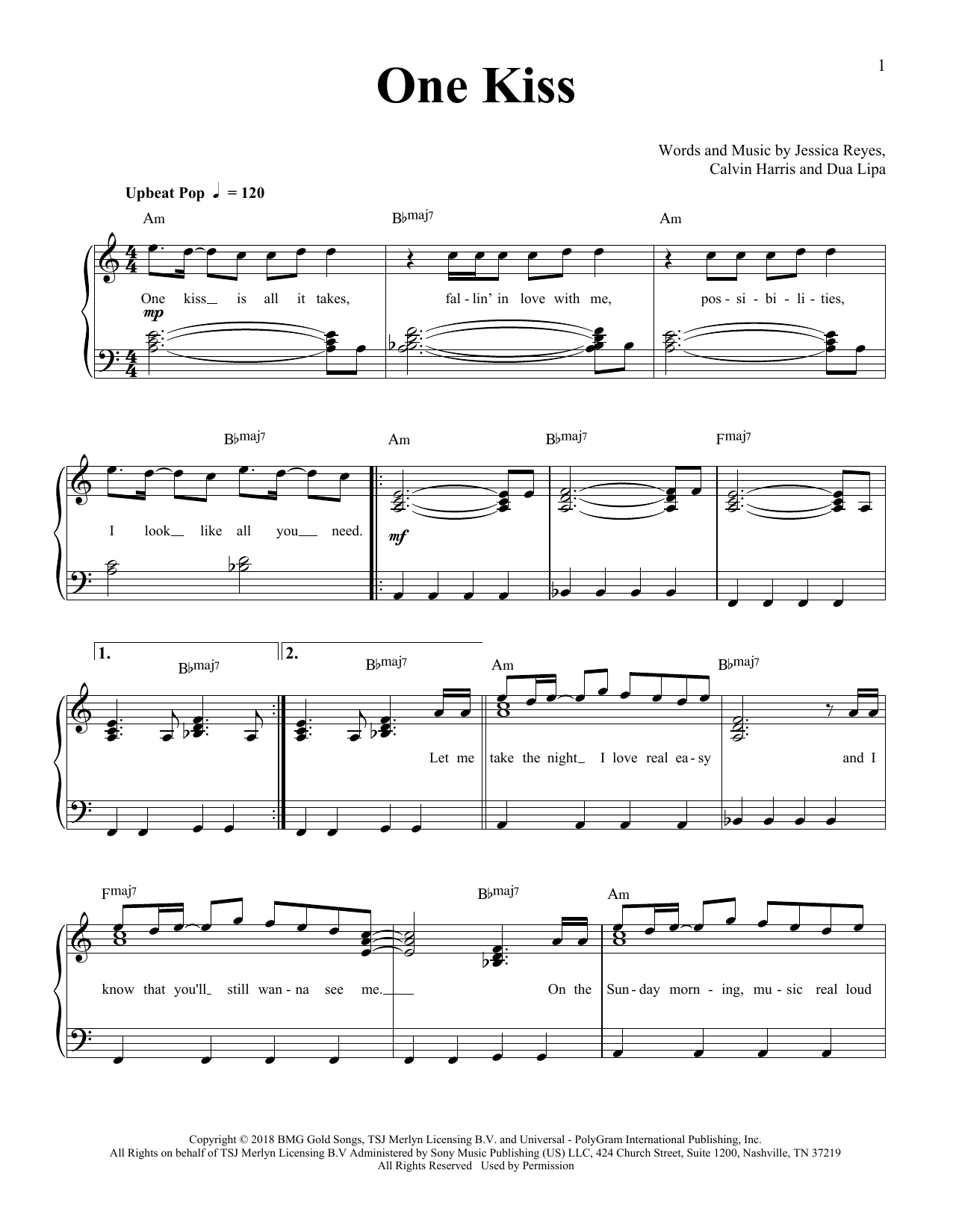 Calvin Harris & Dua Lipa One Kiss sheet music notes and chords arranged for Easy Piano