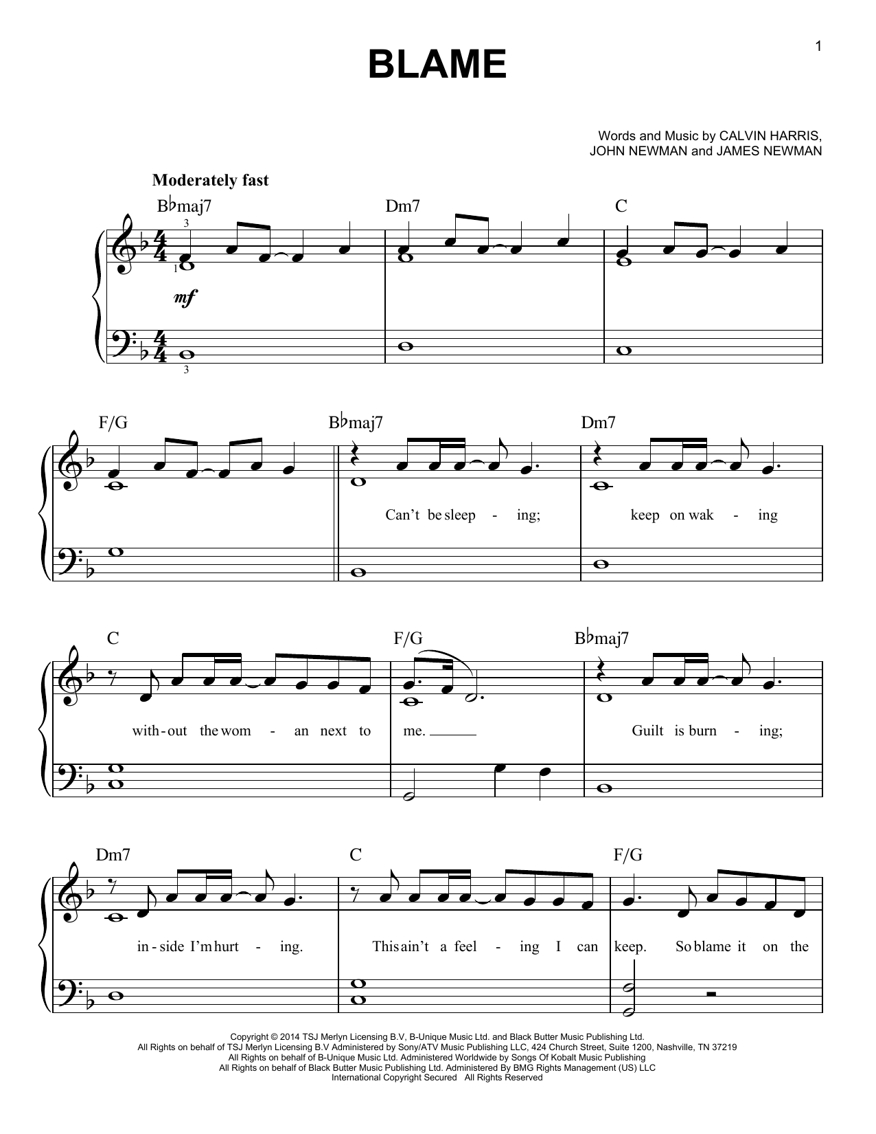 Calvin Harris Blame (feat. John Newman) sheet music notes and chords arranged for Easy Piano