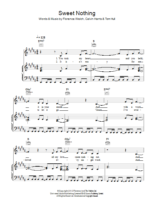 Calvin Harris Sweet Nothing (feat. Florence Welch) sheet music notes and chords arranged for Piano, Vocal & Guitar Chords
