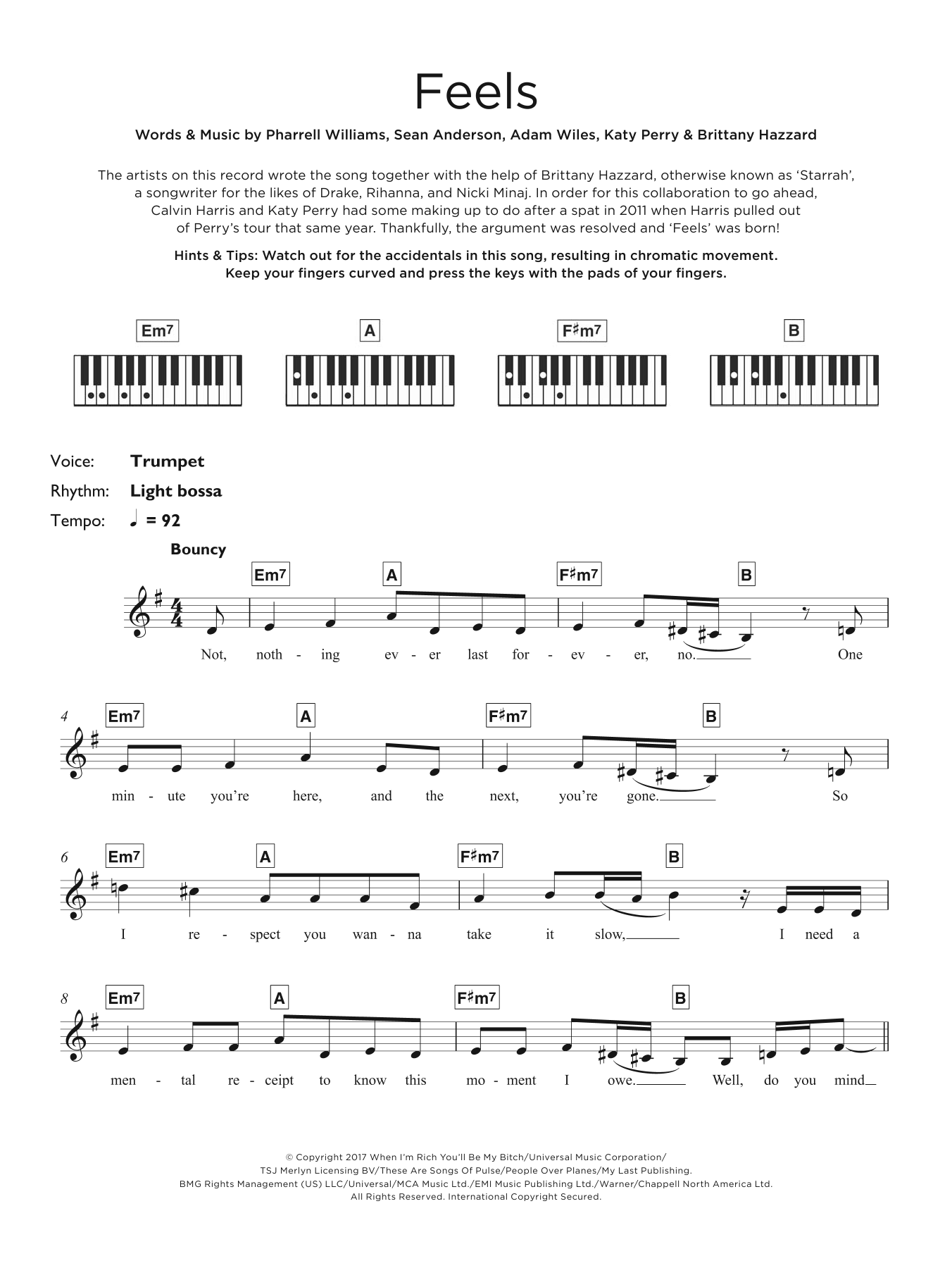 Calvin Harris Feels (feat. Pharrell Williams, Katy Perry & Big Sean) sheet music notes and chords. Download Printable PDF.