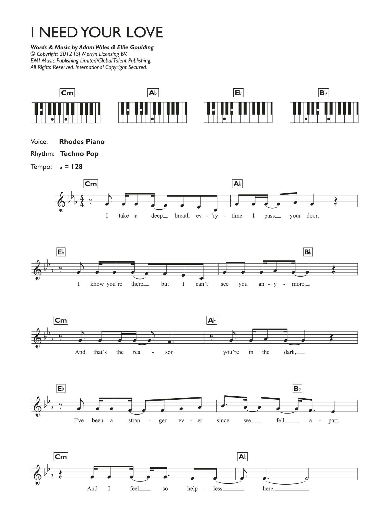 Calvin Harris I Need Your Love (feat. Ellie Goulding) sheet music notes and chords. Download Printable PDF.