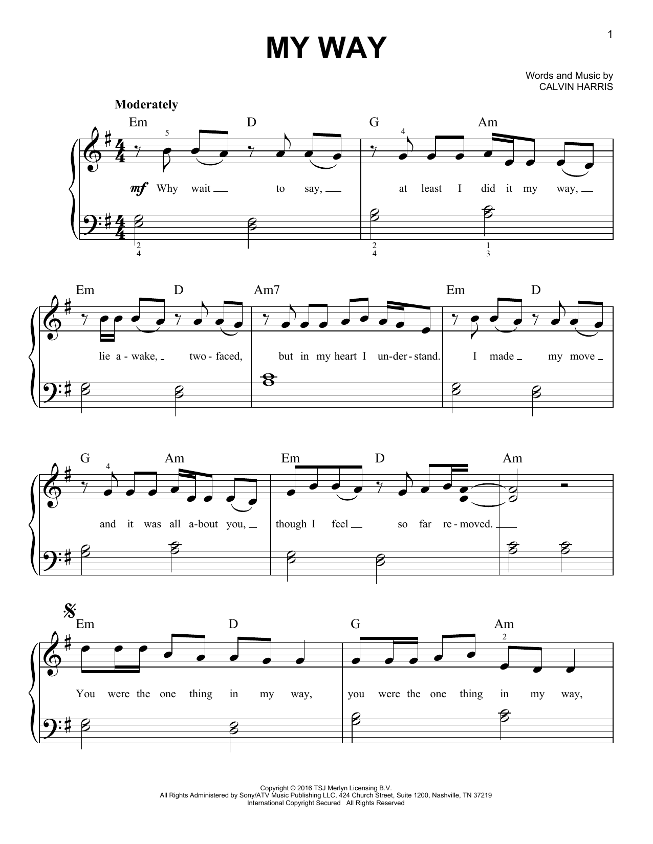 Calvin Harris My Way sheet music notes and chords arranged for Easy Piano