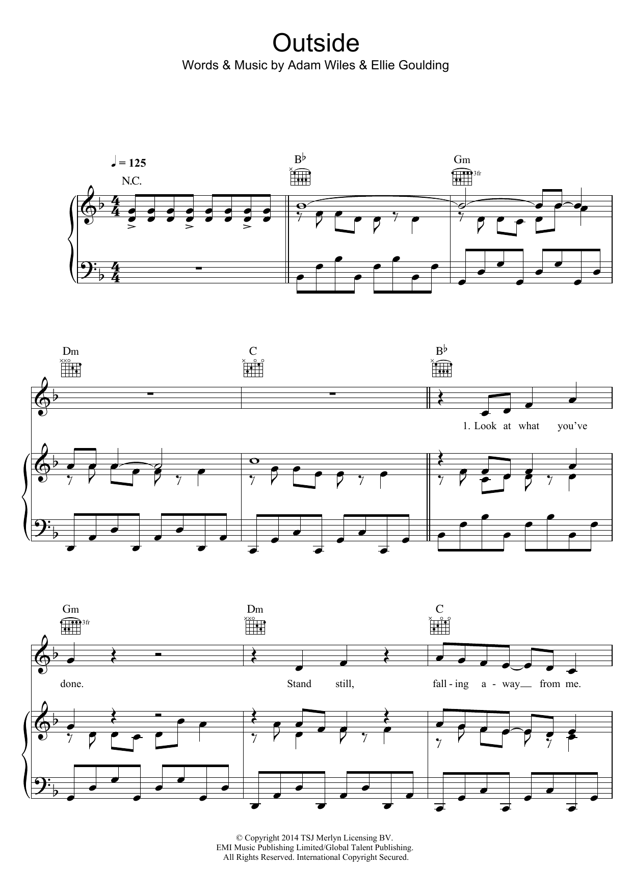 Learn to play Calvin Harris Outside (feat. Ellie Goulding) sheet music for Piano, Vocal & Guitar Chords in minutes. Price: 7.8900$ Calvin Harris Outside (feat. Ellie Goulding) sheet music notes and chords arranged for Piano, Vocal & Guitar Chords