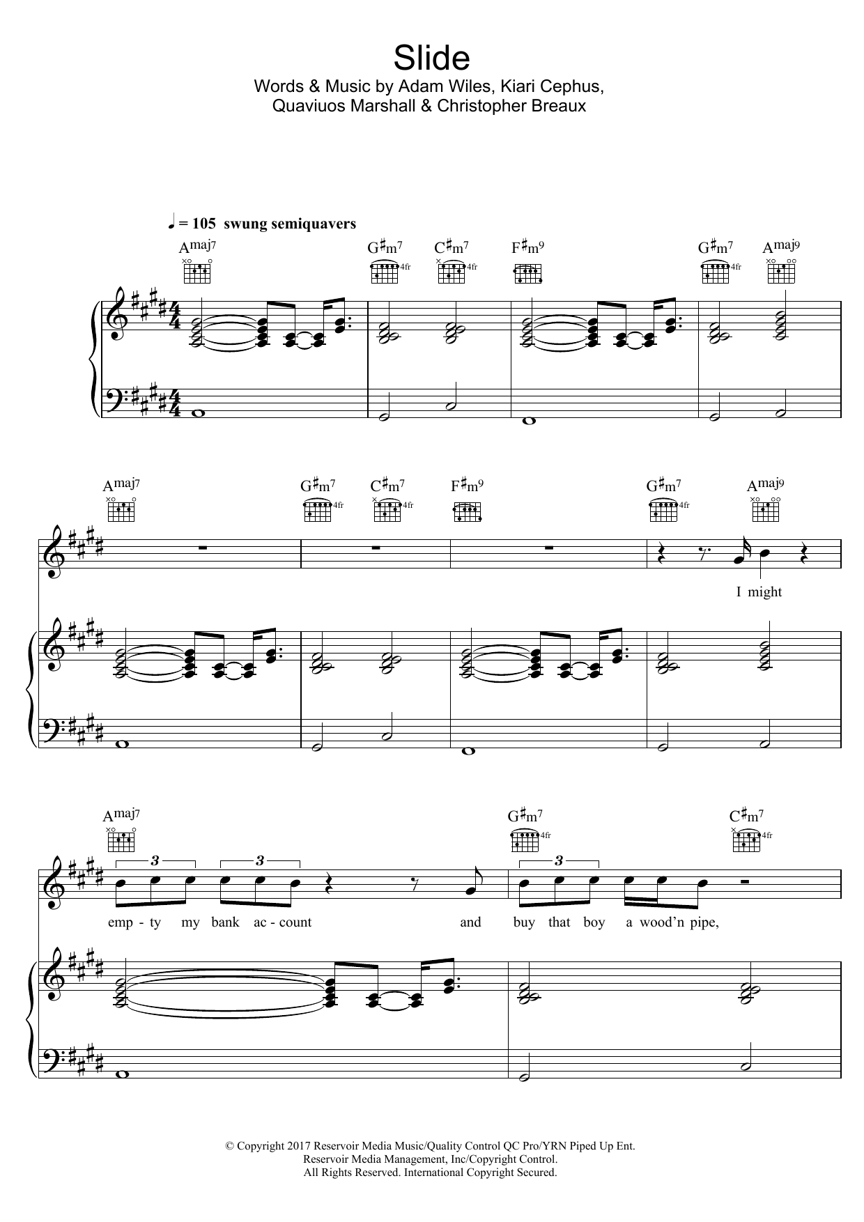 Calvin Harris Slide (feat. Frank Ocean & Migos) sheet music notes and chords arranged for Piano, Vocal & Guitar Chords