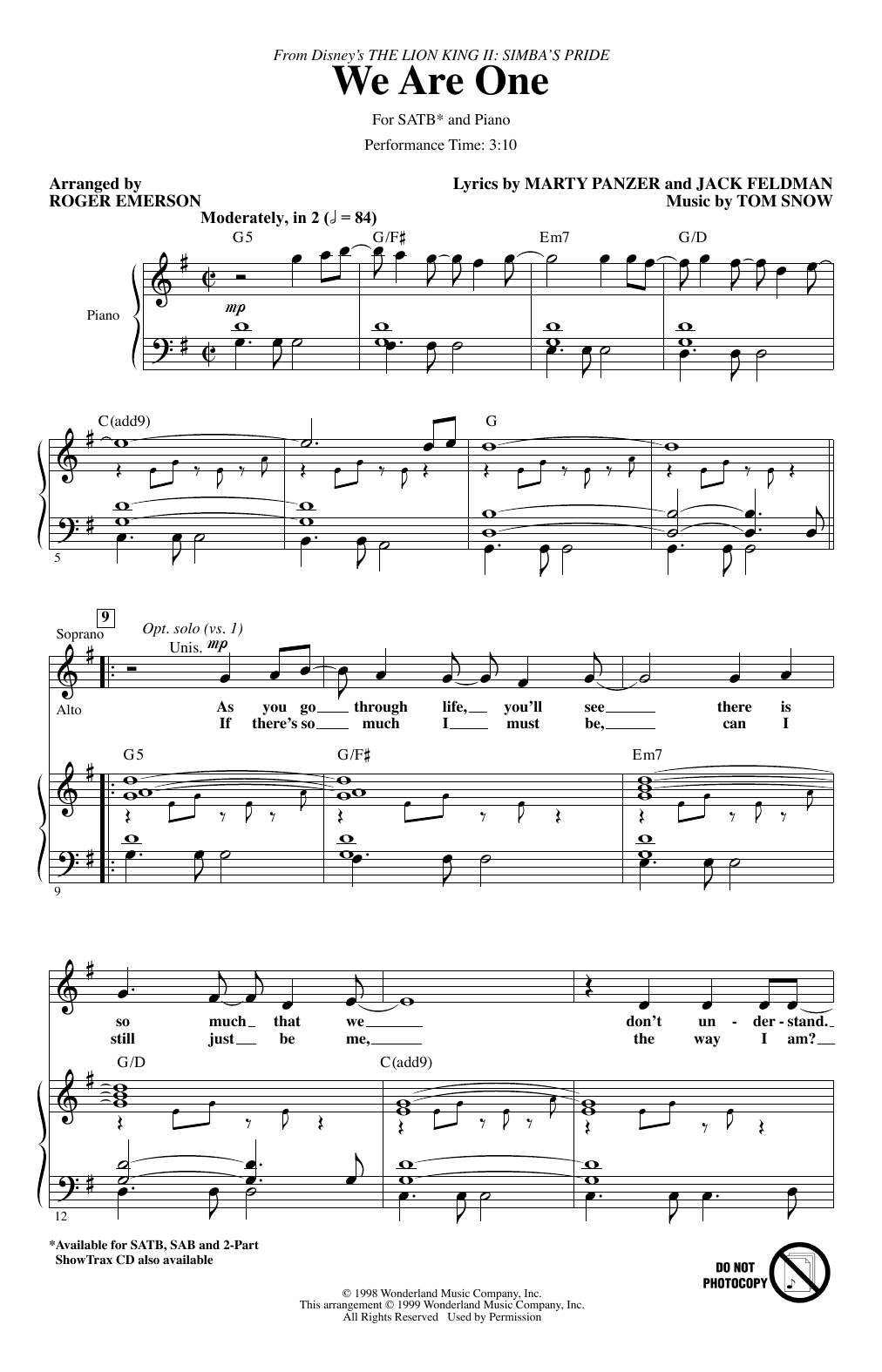 Cam Clarke & Charity Sanoy We Are One (from The Lion King II: Simba's Pride) (arr. Roger Emerson) sheet music notes and chords. Download Printable PDF.