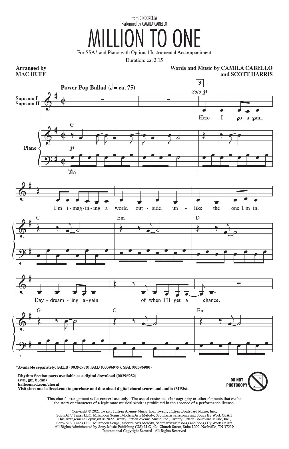 Camila Cabello Million To One (from the Amazon Original Movie Cinderella) (arr. Mac Huff) sheet music notes and chords. Download Printable PDF.