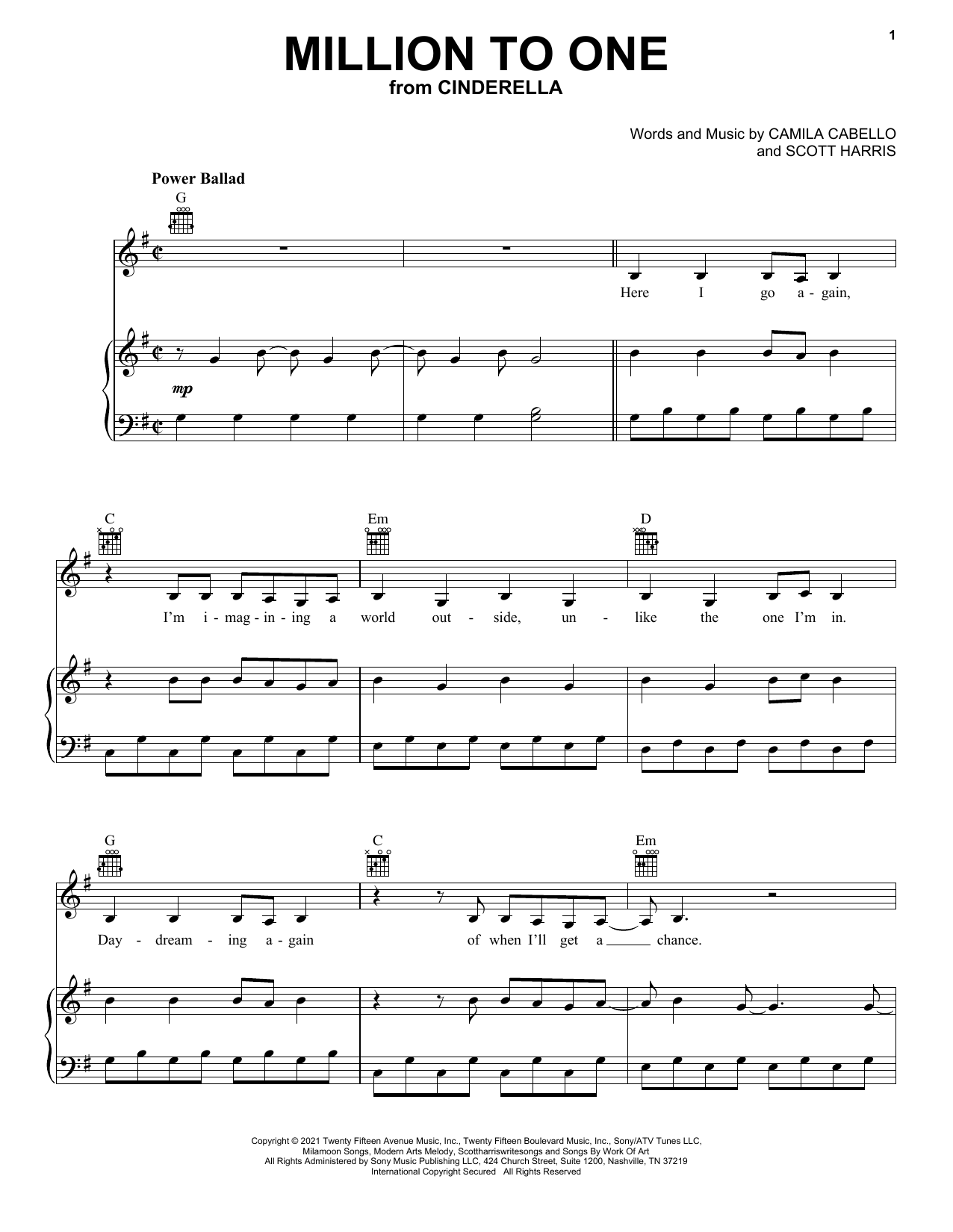 Camila Cabello Million To One (from the Amazon Original Movie Cinderella) sheet music notes and chords. Download Printable PDF.