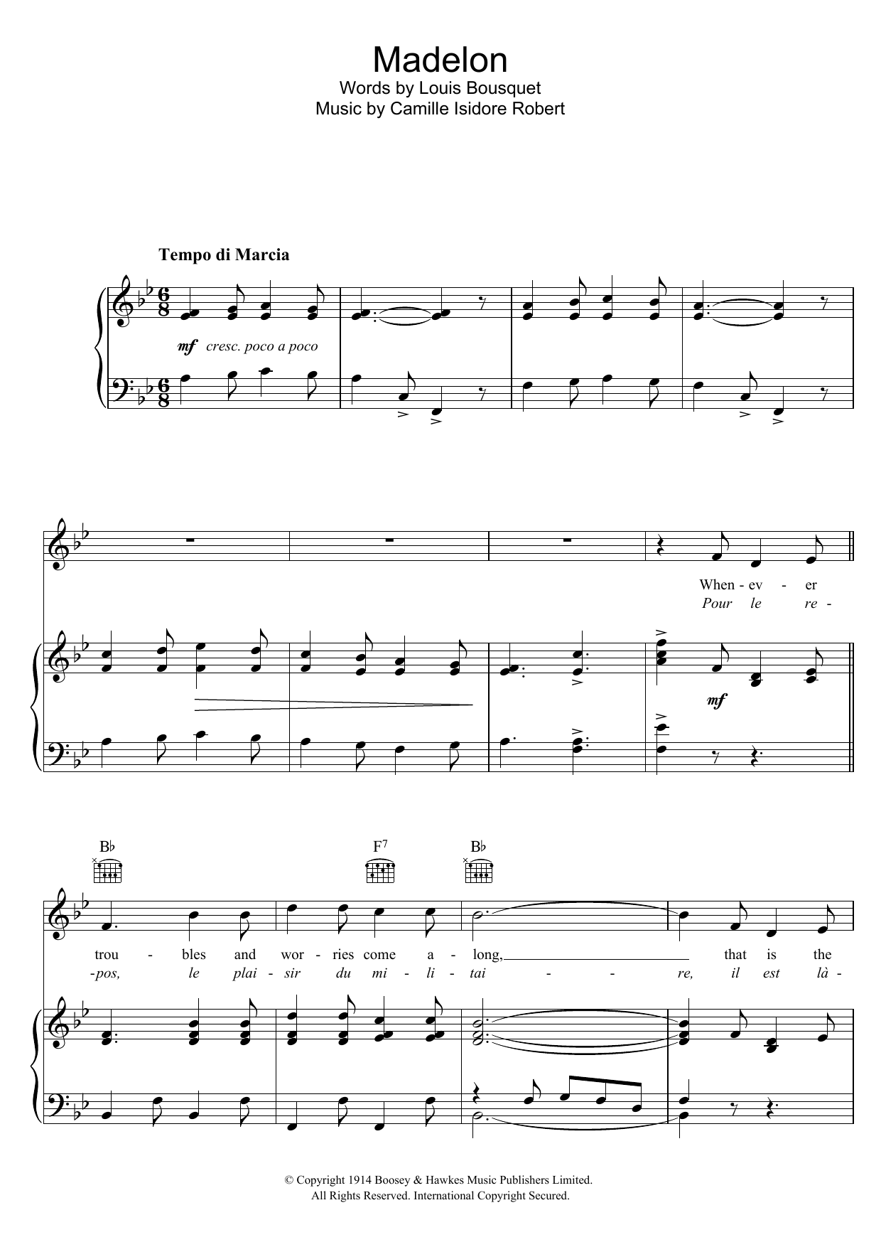 Camille Isidore Robert Quand Madelon sheet music notes and chords arranged for Piano, Vocal & Guitar Chords