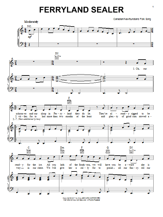 Learn to play Canadian Folksong Ferryland Sealer sheet music for Piano, Vocal & Guitar Chords (Right-Hand Melody) in minutes. Price: 7.8900$ Canadian Folksong Ferryland Sealer sheet music notes and chords arranged for Piano, Vocal & Guitar Chords (Right-Hand Melody)