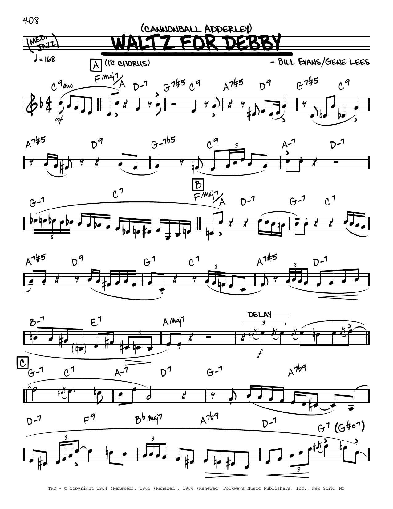 Cannonball Adderley Waltz For Debby sheet music notes and chords. Download Printable PDF.