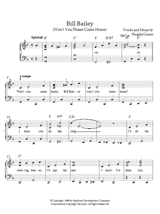 Hughie Cannon Bill Bailey, Won't You Please Come Home sheet music notes and chords. Download Printable PDF.