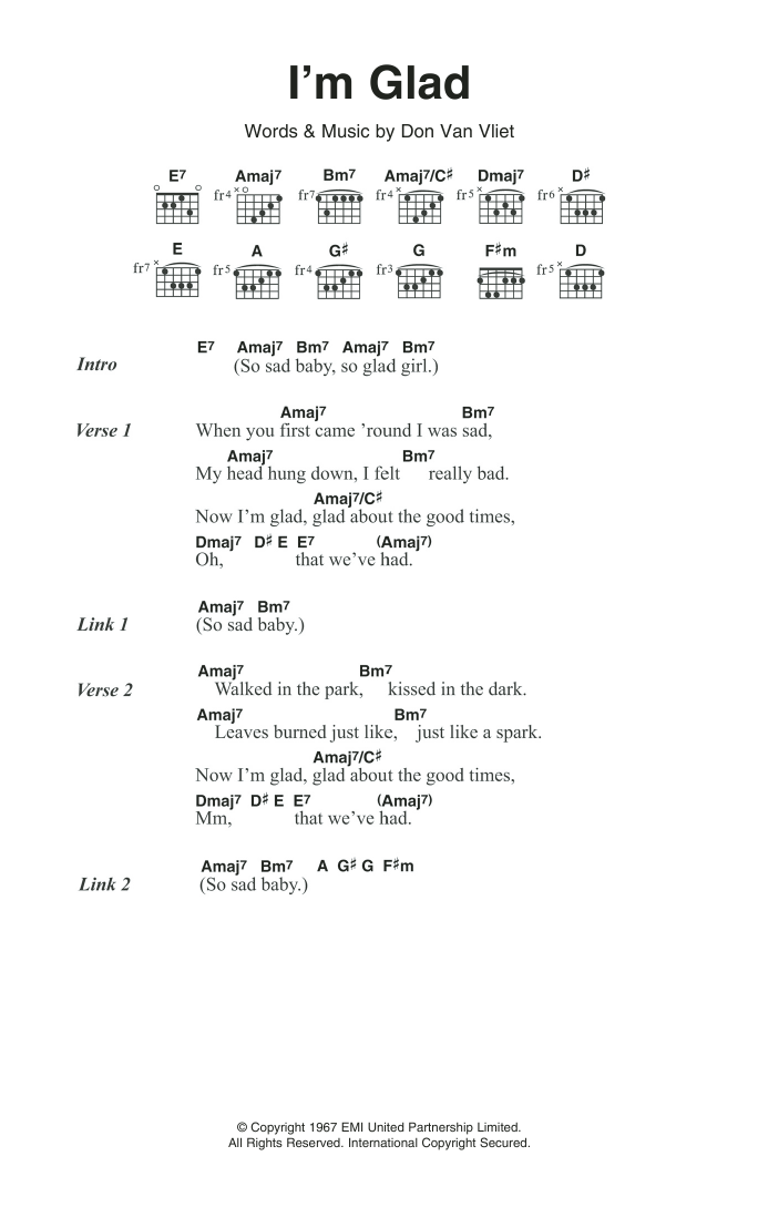 Captain Beefheart I'm Glad sheet music notes and chords. Download Printable PDF.