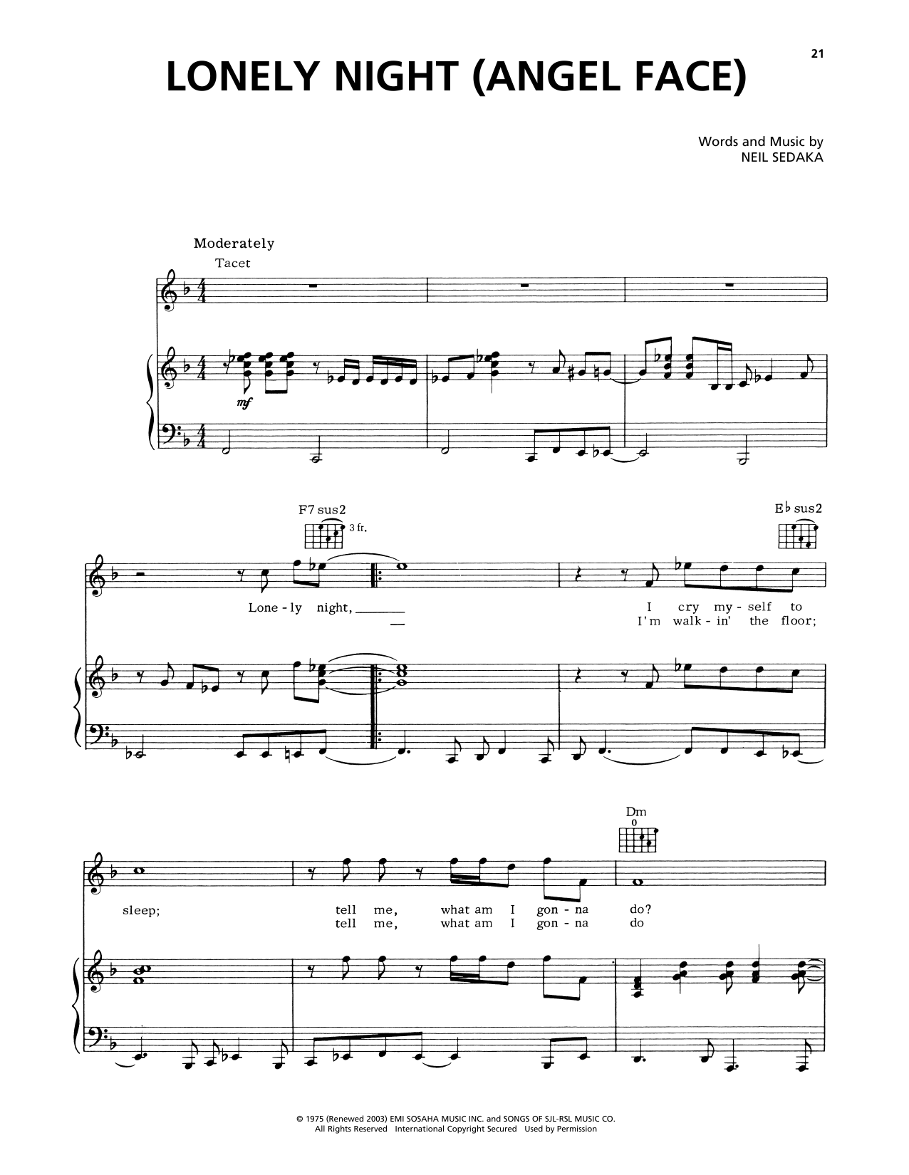 Captain & Tennille Lonely Night (Angel Face) sheet music notes and chords arranged for Piano, Vocal & Guitar Chords (Right-Hand Melody)