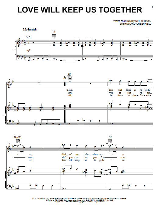 Captain & Tennille Love Will Keep Us Together sheet music notes and chords. Download Printable PDF.