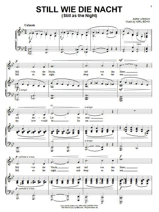 Learn to play Carl Bohm Still Wie Die Nacht (Still As The Night) sheet music for Piano, Vocal & Guitar Chords (Right-Hand Melody) in minutes. Price: 7.8900$ Carl Bohm Still Wie Die Nacht (Still As The Night) sheet music notes and chords arranged for Piano, Vocal & Guitar Chords (Right-Hand Melody)