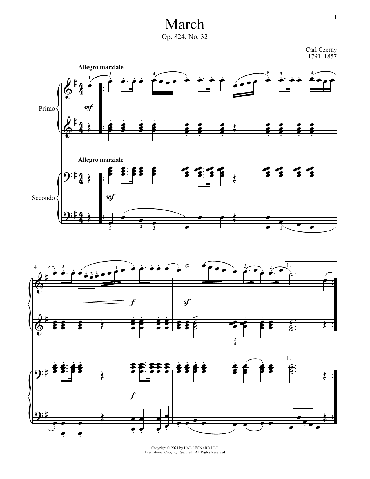 Learn to play Carl Czerny March, Op. 824, No. 32 sheet music for Piano Duet in minutes. Price: 7.8900$ Carl Czerny March, Op. 824, No. 32 sheet music notes and chords arranged for Piano Duet