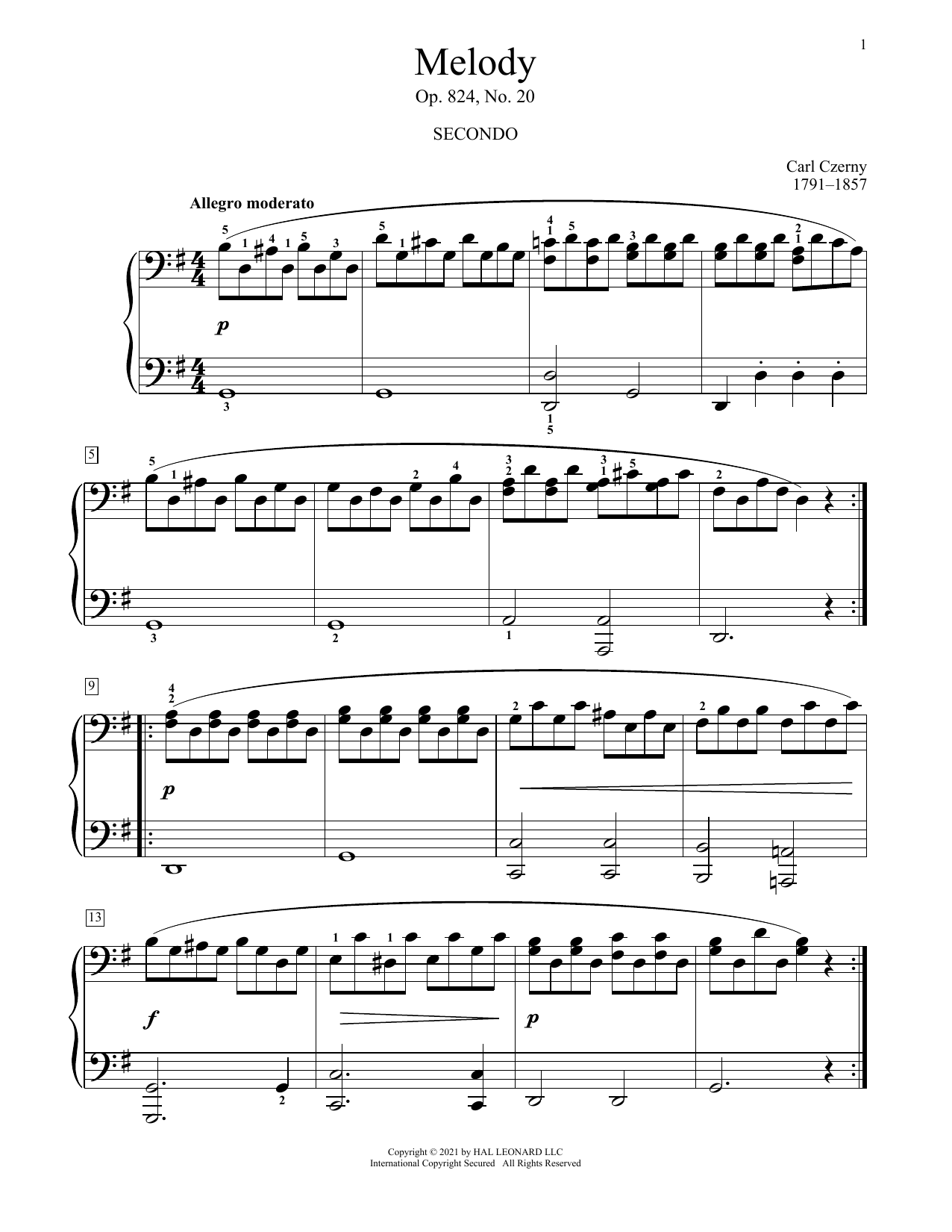 Learn to play Carl Czerny Melody, Op. 824, No. 20 sheet music for Piano Duet in minutes. Price: 7.8900$ Carl Czerny Melody, Op. 824, No. 20 sheet music notes and chords arranged for Piano Duet