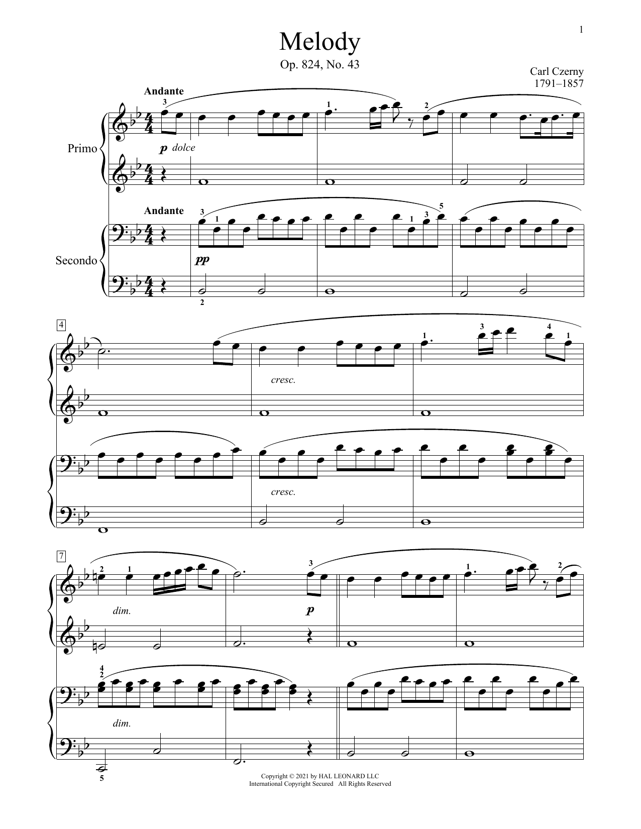 Learn to play Carl Czerny Melody, Op. 824, No. 43 sheet music for Piano Duet in minutes. Price: 7.8900$ Carl Czerny Melody, Op. 824, No. 43 sheet music notes and chords arranged for Piano Duet