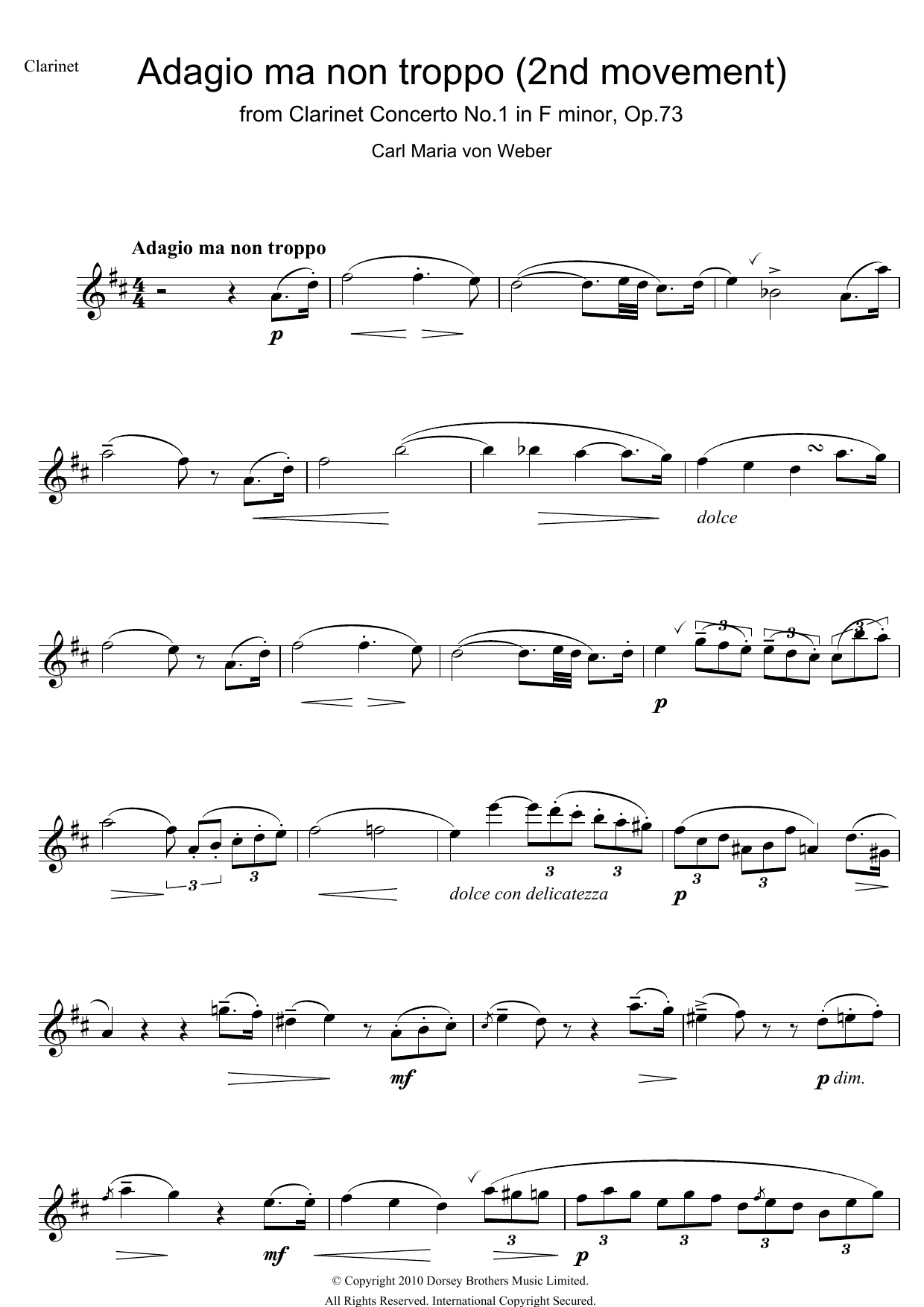 Carl Maria von Weber Clarinet Concerto No.1 In F Minor, Op.73, 2nd Movement: Adagio Ma Non Troppo sheet music notes and chords. Download Printable PDF.