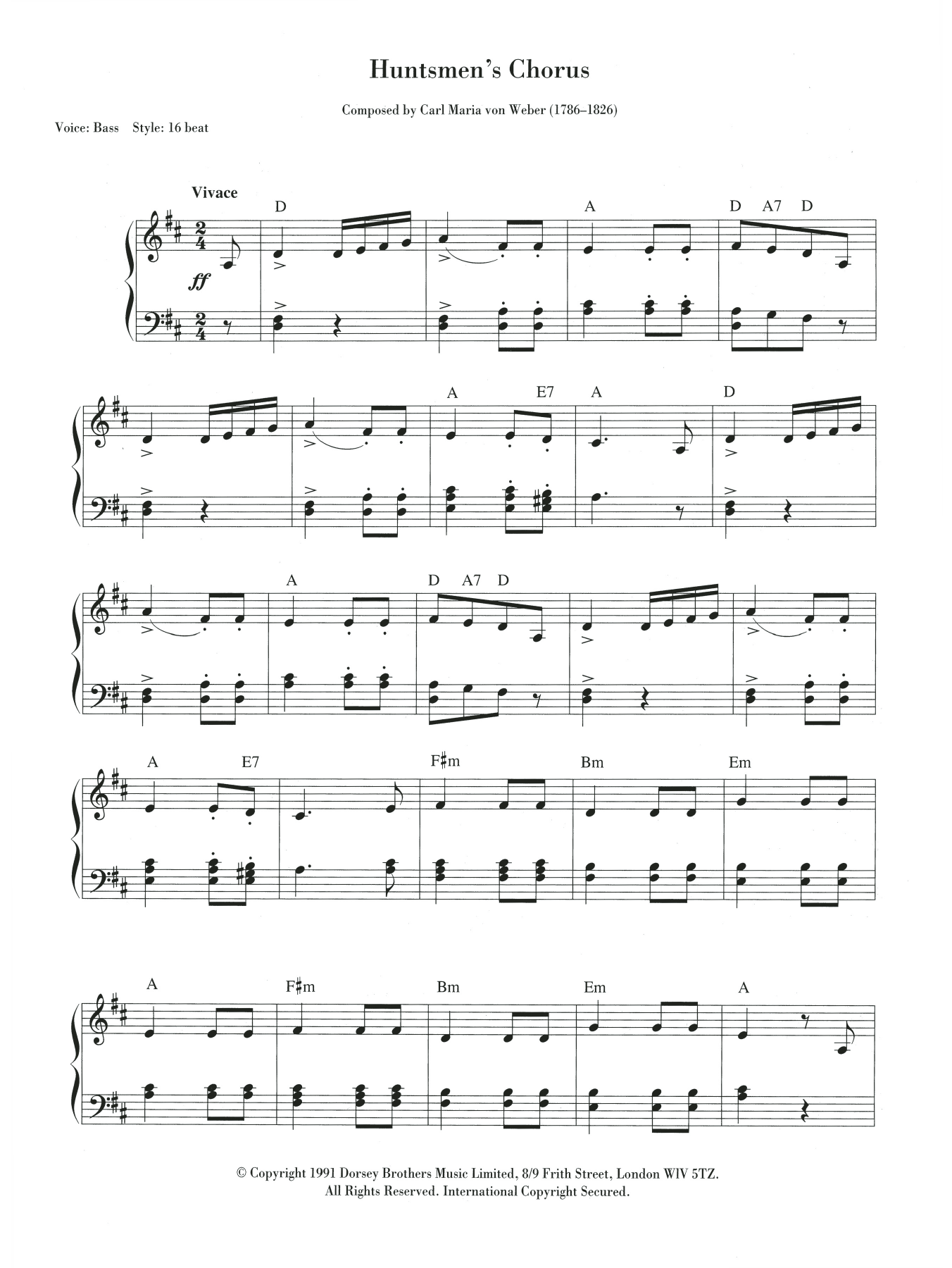 Carl Maria von Weber The Huntsmen's Chorus sheet music notes and chords. Download Printable PDF.