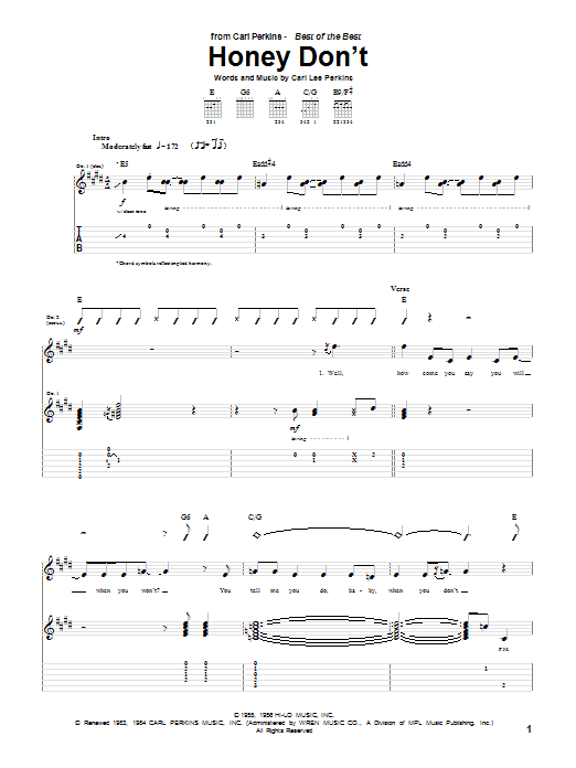 Carl Perkins Honey Don't sheet music notes and chords. Download Printable PDF.