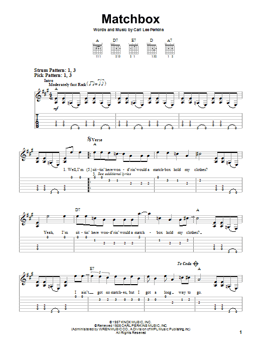 Carl Perkins Matchbox sheet music notes and chords. Download Printable PDF.