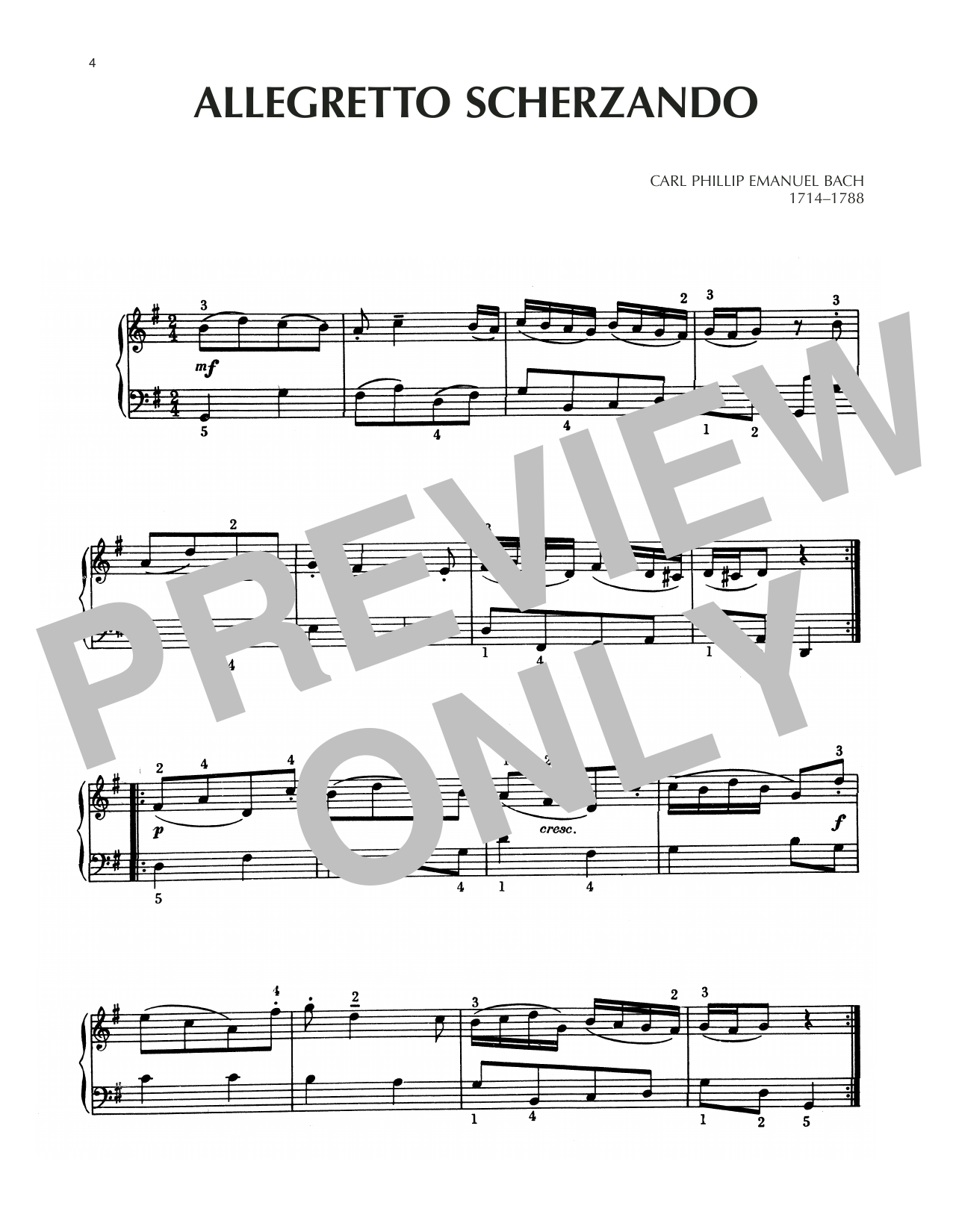 Learn to play Carl Philipp Emanuel Bach Allegretto Scherzando sheet music for Piano Solo in minutes. Price: 7.8900$ Carl Philipp Emanuel Bach Allegretto Scherzando sheet music notes and chords arranged for Piano Solo