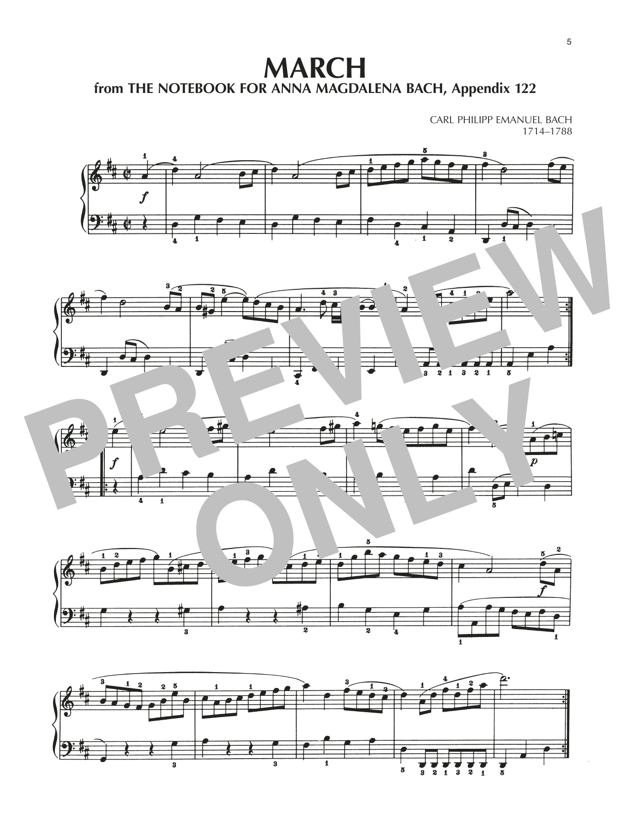 Learn to play Carl Philipp Emanuel Bach March In D Major, BWV Appendix 122 sheet music for Piano Solo in minutes. Price: 7.8900$ Carl Philipp Emanuel Bach March In D Major, BWV Appendix 122 sheet music notes and chords arranged for Piano Solo