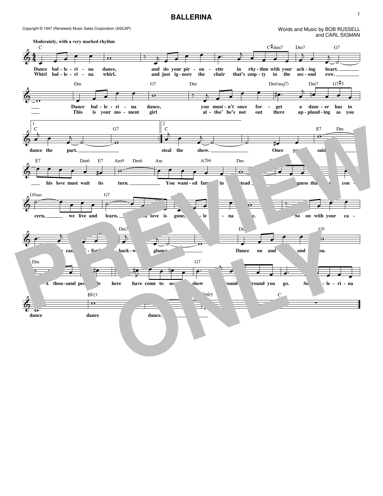 Learn to play Carl Sigman Ballerina sheet music for Lead Sheet / Fake Book in minutes. Price: 5.9900$ Carl Sigman Ballerina sheet music notes and chords arranged for Lead Sheet / Fake Book