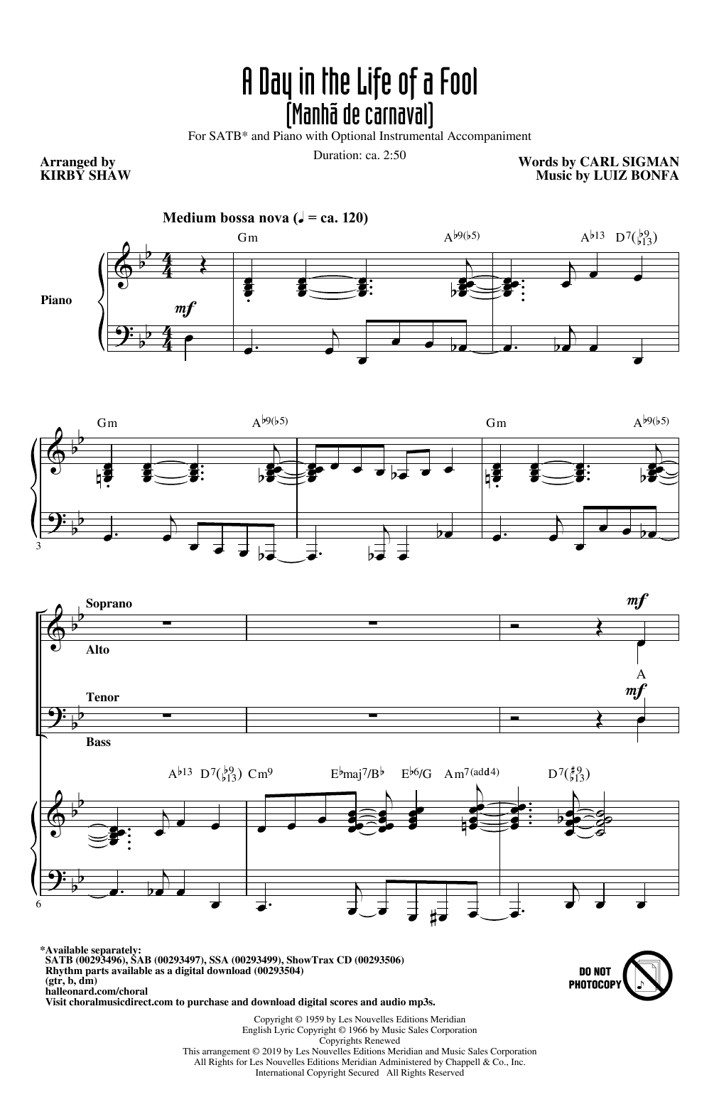 Carl Sigman & Luiz Bonfa A Day In The Life Of A Fool (Manha De Carnaval) (arr. Kirby Shaw) sheet music notes and chords. Download Printable PDF.