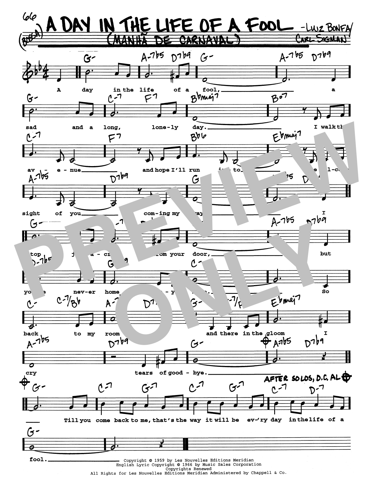 Carl Sigman & Luiz Bonfa A Day In The Life Of A Fool (Manha De Carnaval) (Low Voice) sheet music notes and chords. Download Printable PDF.