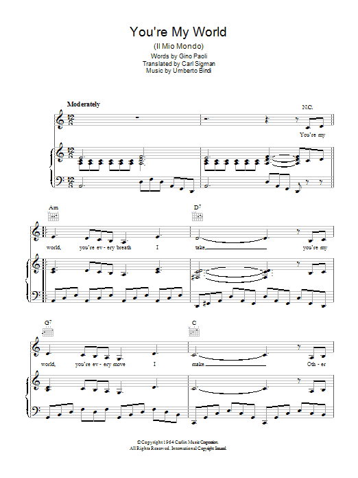 Carl Sigman You're My World (Il Mio Mondo) sheet music notes and chords. Download Printable PDF.