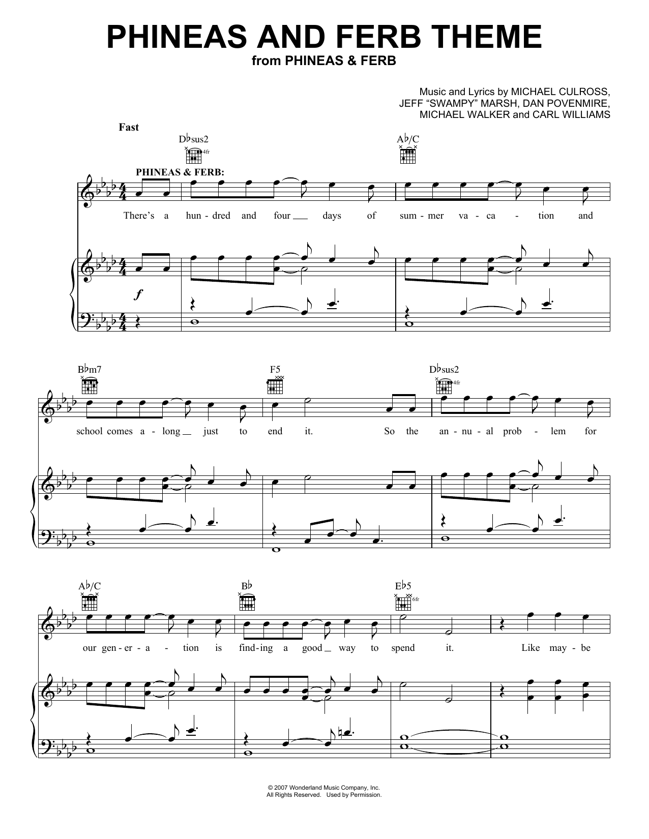Learn to play Carl Williams Phineas And Ferb Theme sheet music for Piano, Vocal & Guitar Chords (Right-Hand Melody) in minutes. Price: 7.8900$ Carl Williams Phineas And Ferb Theme sheet music notes and chords arranged for Piano, Vocal & Guitar Chords (Right-Hand Melody)
