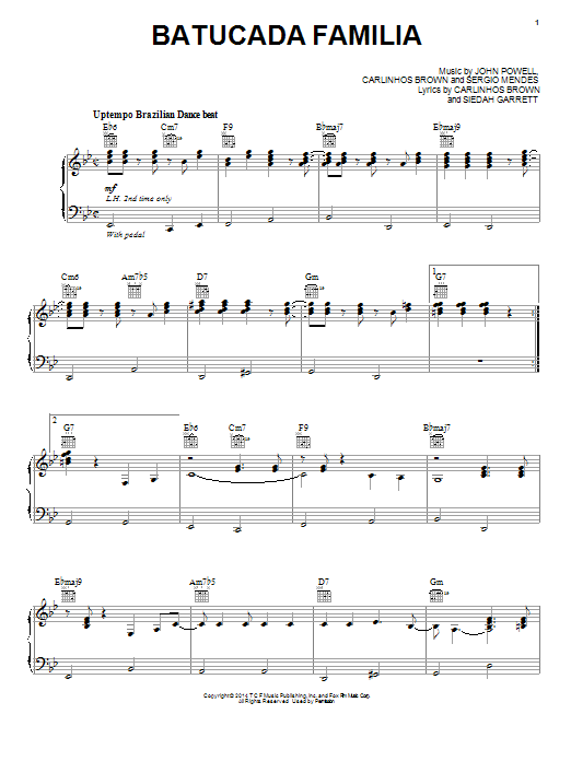 Learn to play Carlinhos Brown and Siedah Garrett Bataucada Familia sheet music for Piano, Vocal & Guitar Chords (Right-Hand Melody) in minutes. Price: 7.8900$ Carlinhos Brown and Siedah Garrett Bataucada Familia sheet music notes and chords arranged for Piano, Vocal & Guitar Chords (Right-Hand Melody)