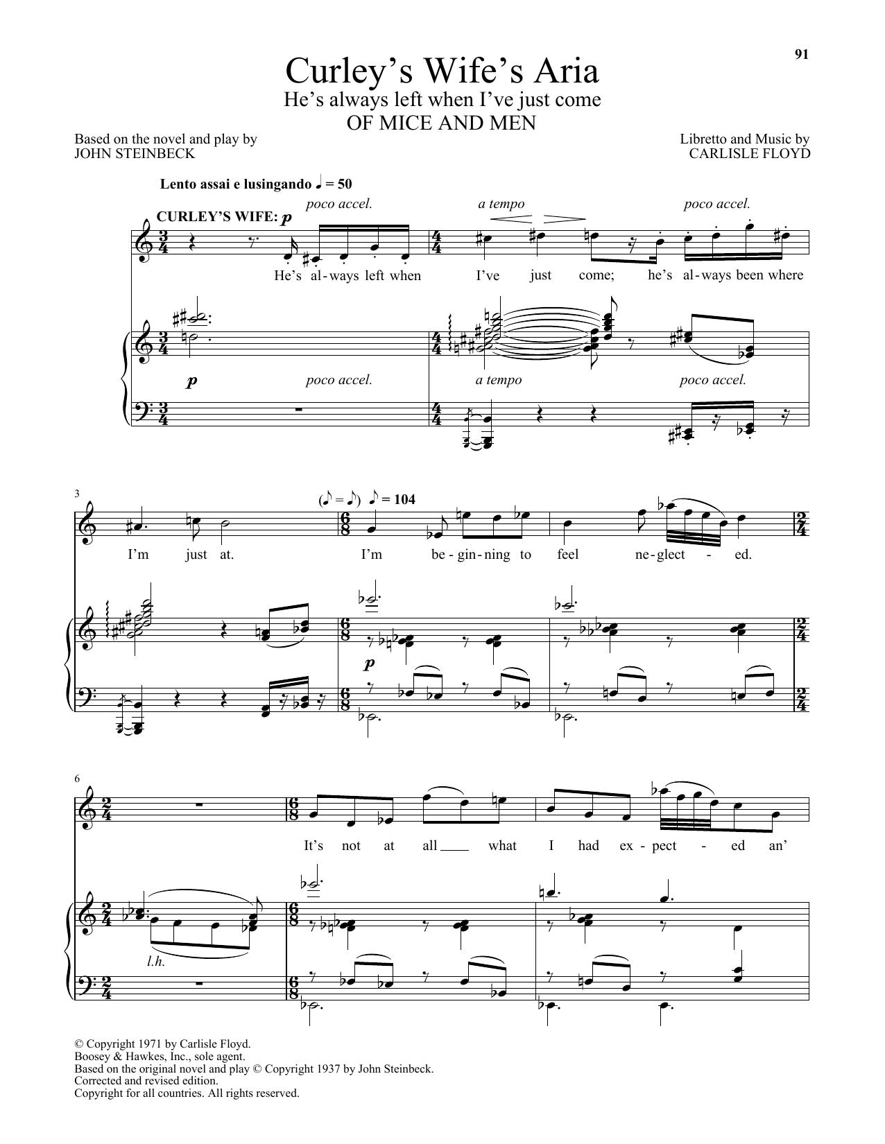 Learn to play Carlisle Floyd Curley's Wife's Aria (He's Always Left When I've Just Come) (from Of Mice And Men) sheet music for Piano & Vocal in minutes. Price: 7.8900$ Carlisle Floyd Curley's Wife's Aria (He's Always Left When I've Just Come) (from Of Mice And Men) sheet music notes and chords arranged for Piano & Vocal