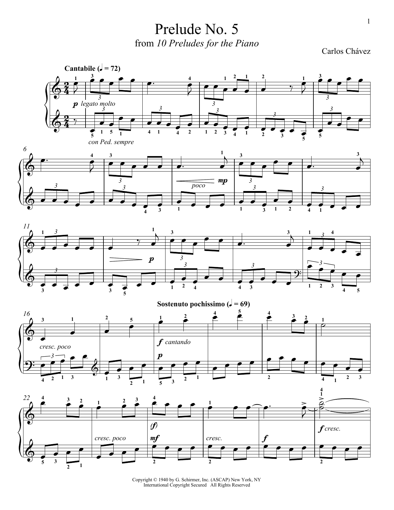 Carlos Chavez Prelude No. 5 sheet music notes and chords arranged for Piano Solo