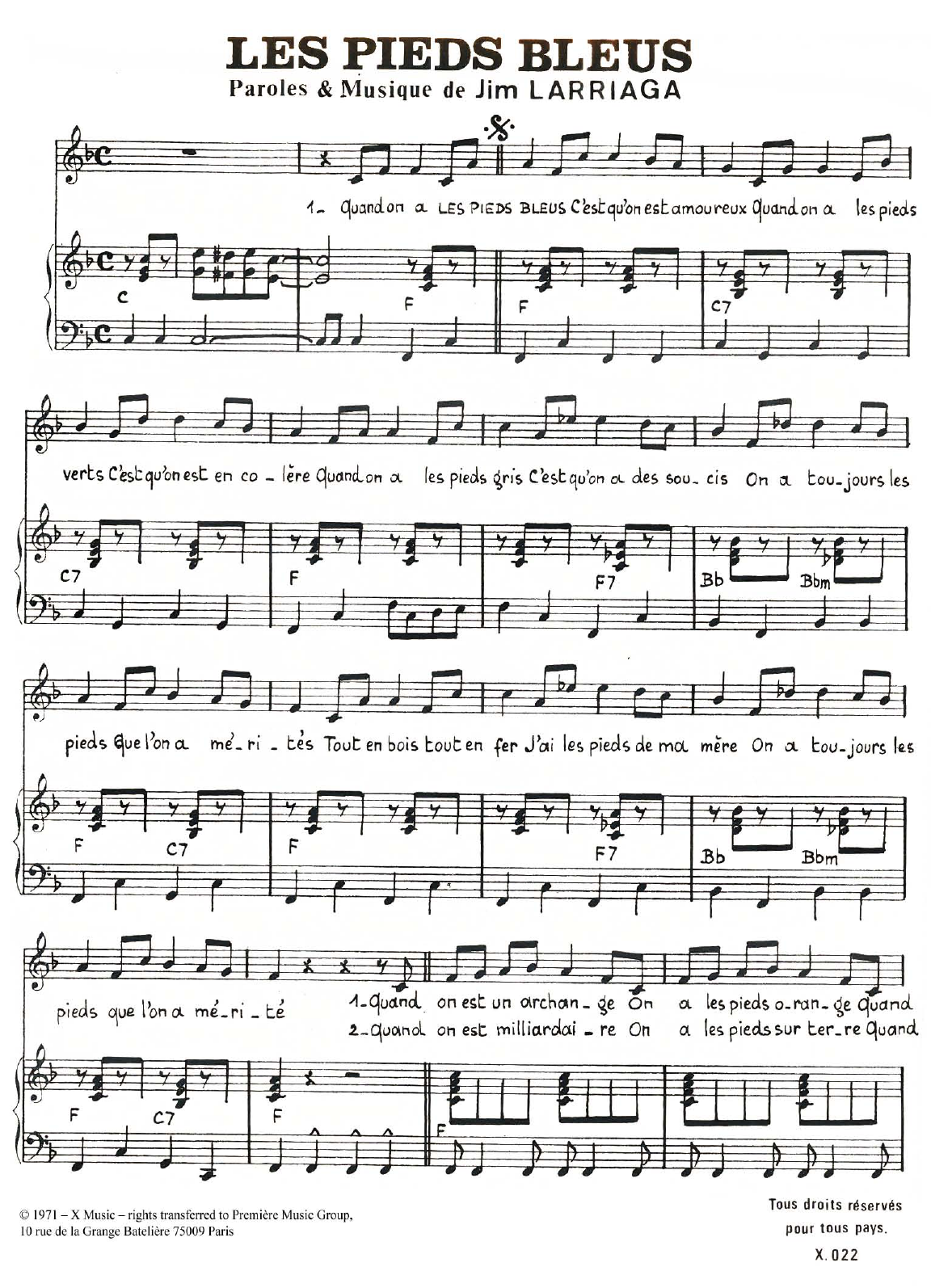 Learn to play Carlos Les Pieds Bleus sheet music for Piano & Vocal in minutes. Price: 7.8900$ Carlos Les Pieds Bleus sheet music notes and chords arranged for Piano & Vocal