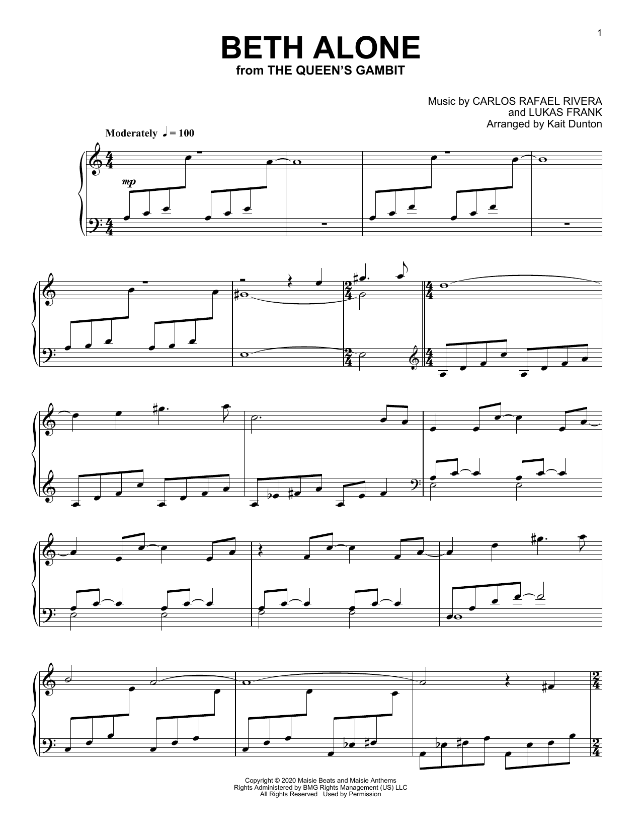 Carlos Rafael Rivera Beth Alone (from The Queen's Gambit) sheet music notes and chords arranged for Piano Solo