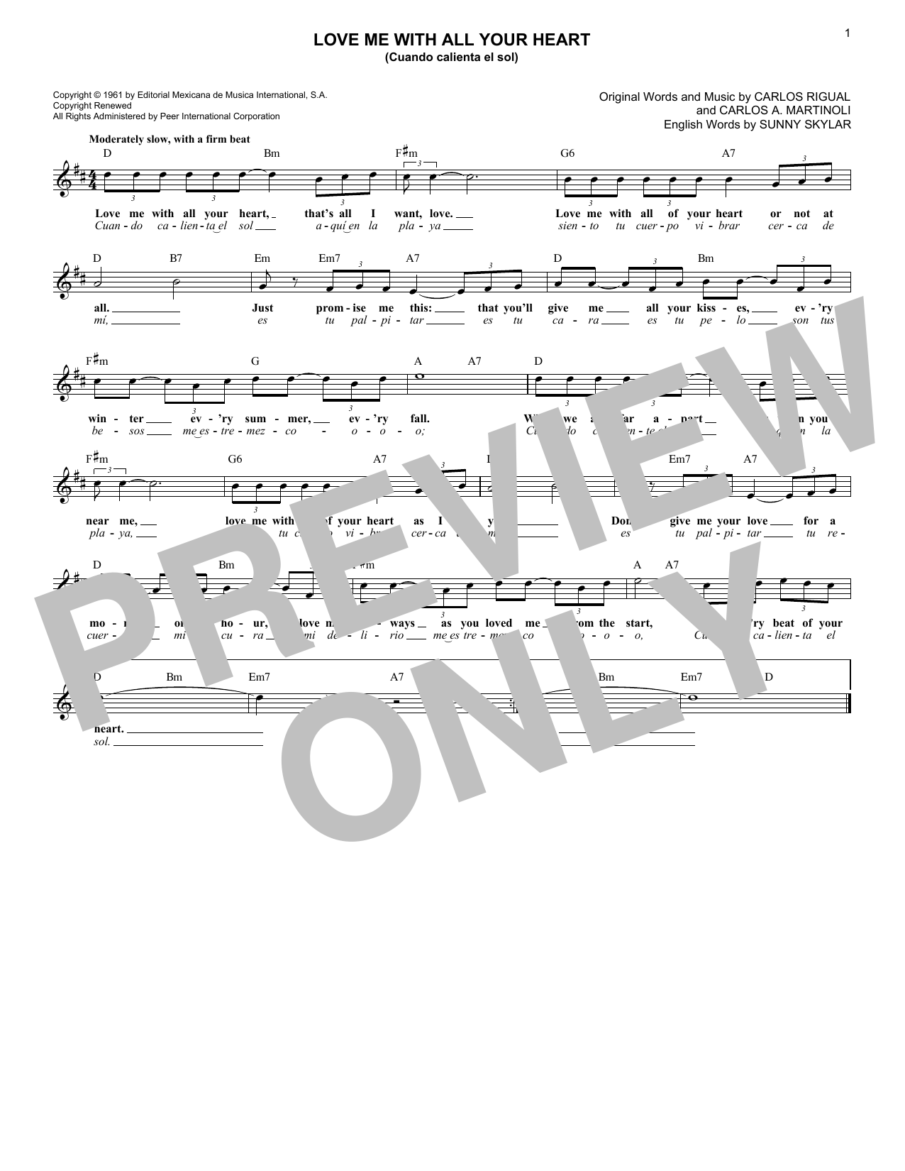 Carlos Rigual Love Me With All Your Heart (Cuando Calienta El Sol) sheet music notes and chords. Download Printable PDF.