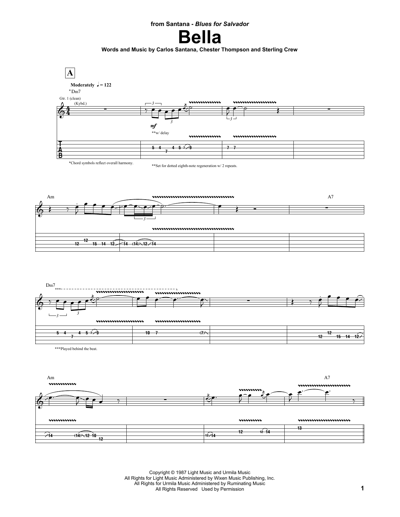 Carlos Santana Bella sheet music notes and chords. Download Printable PDF.