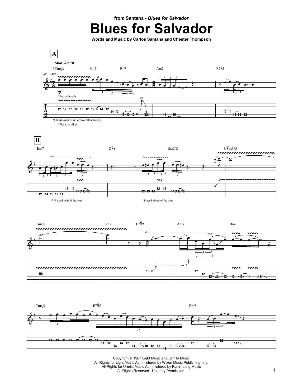 Carlos Santana Blues For Salvador sheet music notes and chords. Download Printable PDF.