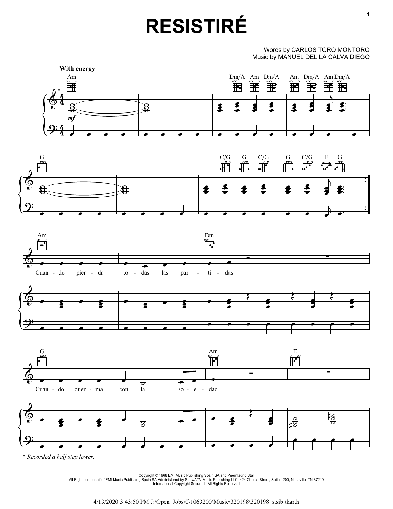 Carlos Toro Montoro and Manuel de la Calva Diego Resistiré sheet music notes and chords. Download Printable PDF.