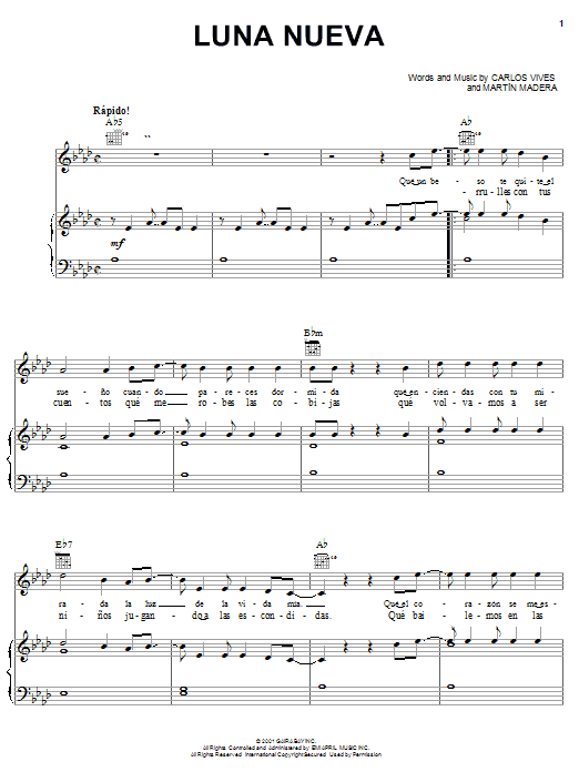 Learn to play Carlos Vives Luna Nueva sheet music for Piano, Vocal & Guitar Chords (Right-Hand Melody) in minutes. Price: 7.8900$ Carlos Vives Luna Nueva sheet music notes and chords arranged for Piano, Vocal & Guitar Chords (Right-Hand Melody)