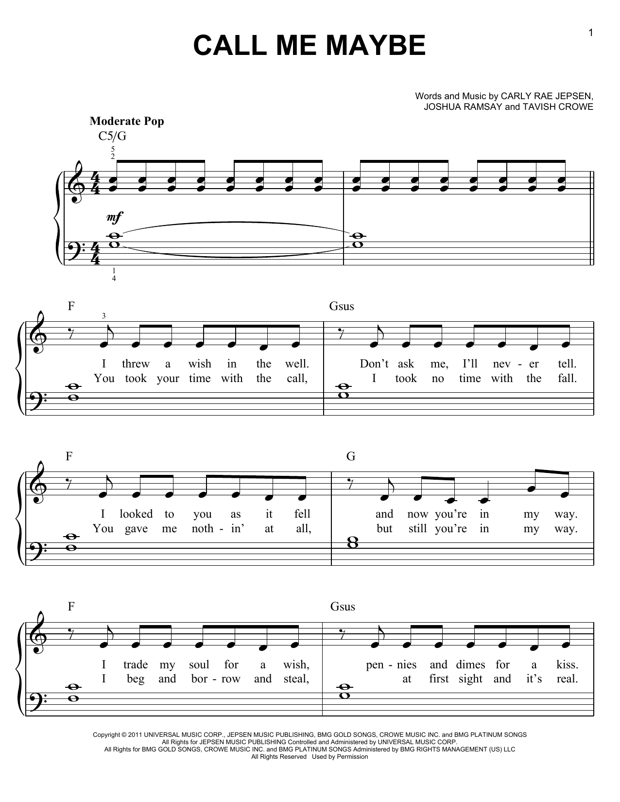 Carly Rae Jepsen Call Me Maybe sheet music notes and chords. Download Printable PDF.