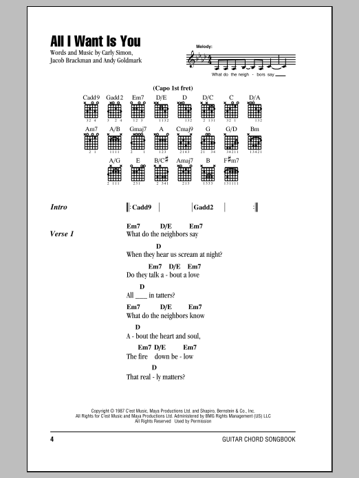 Carly Simon All I Want Is You sheet music notes and chords. Download Printable PDF.