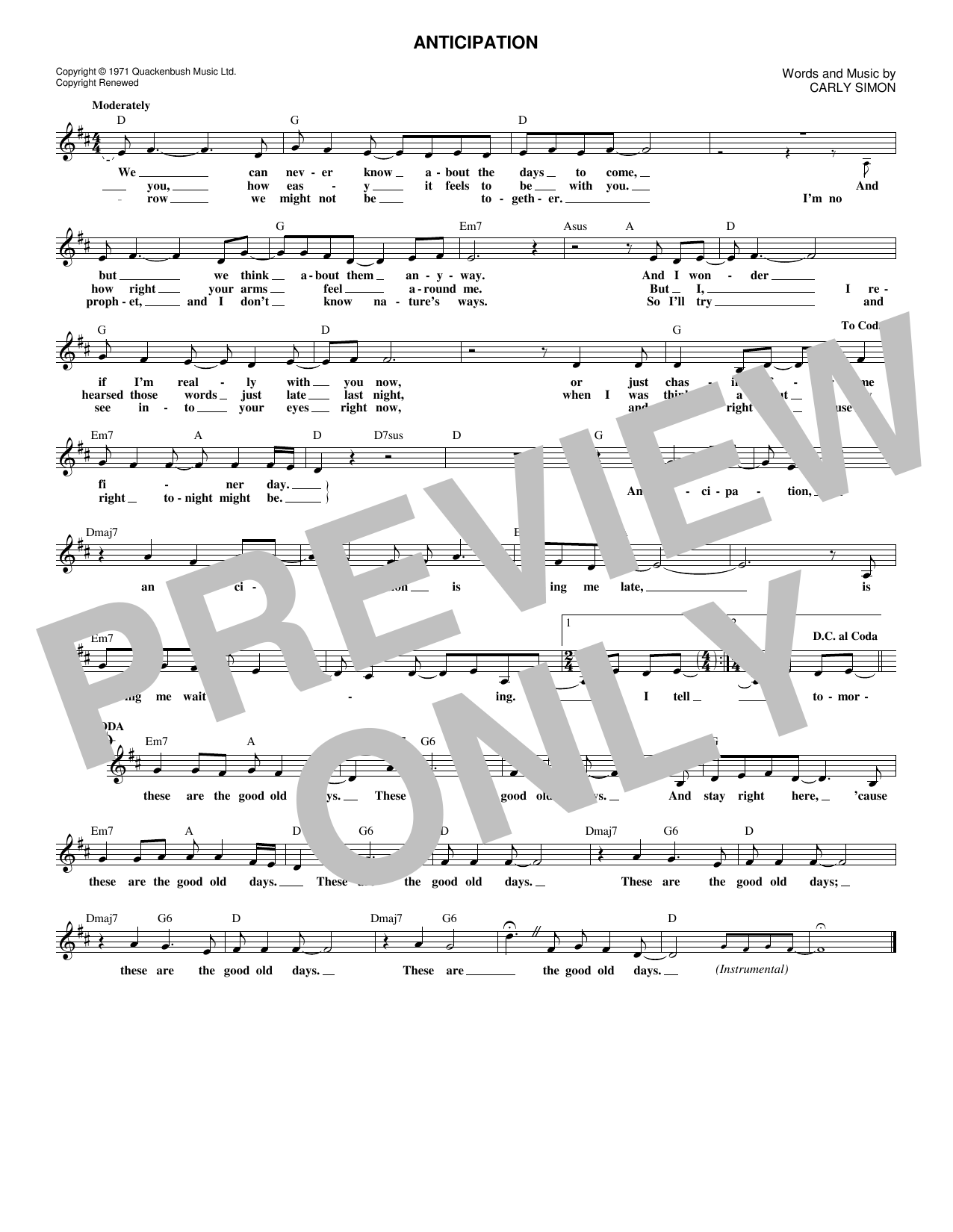 Carly Simon Anticipation sheet music notes and chords. Download Printable PDF.