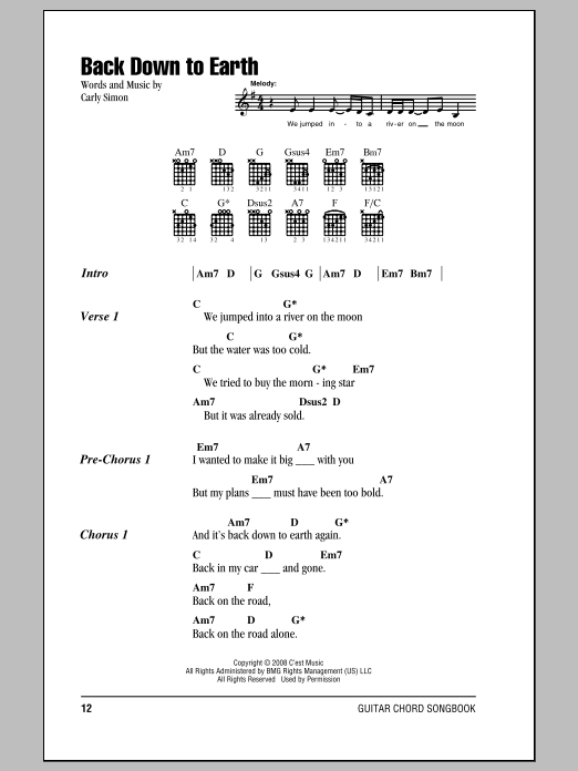 Carly Simon Back Down To Earth sheet music notes and chords. Download Printable PDF.