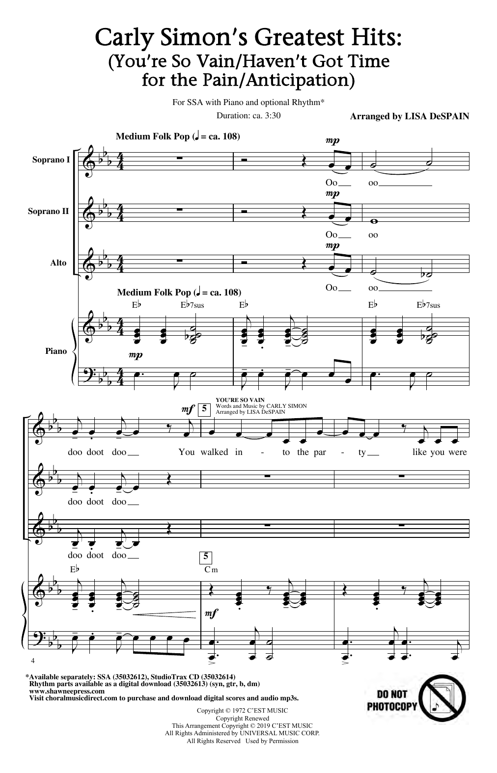 Learn to play Carly Simon Carley Simon's Greatest Hits (Medley) (arr. Lisa DeSpain) sheet music for SSA Choir in minutes. Price: 3.9900$ Carly Simon Carley Simon's Greatest Hits (Medley) (arr. Lisa DeSpain) sheet music notes and chords arranged for SSA Choir